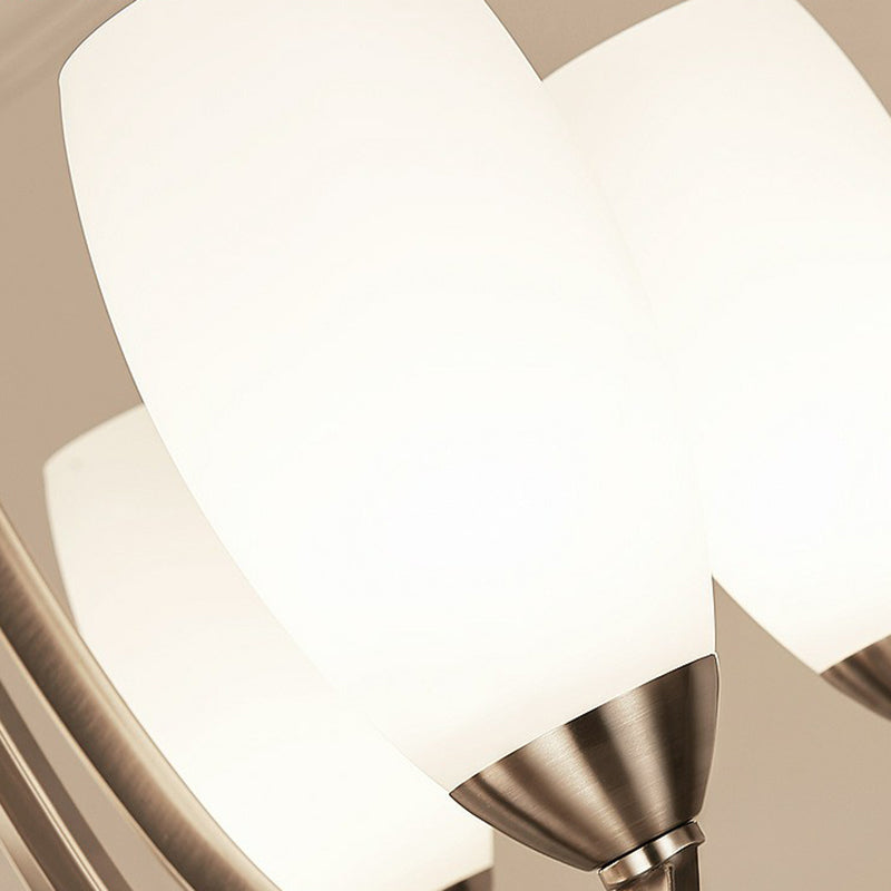 Simplicity Nickel Finish Swoop Arm Chandelier with Oval White Glass Shade: Elegant Metal Pendant Light for Bedrooms