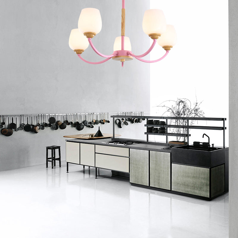 Macaron Loft Bud Shade Chandelier Light - Milk Glass Pendant for Child Bedroom in Green/Grey/Pink/White