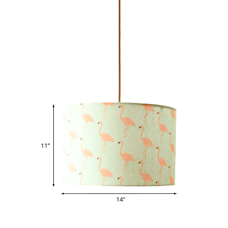 Luminaire suspendu tambour en tissu imprimé nordique – 1 lumière, éclairage à suspension blanc avec motif plume/oiseau/arbre