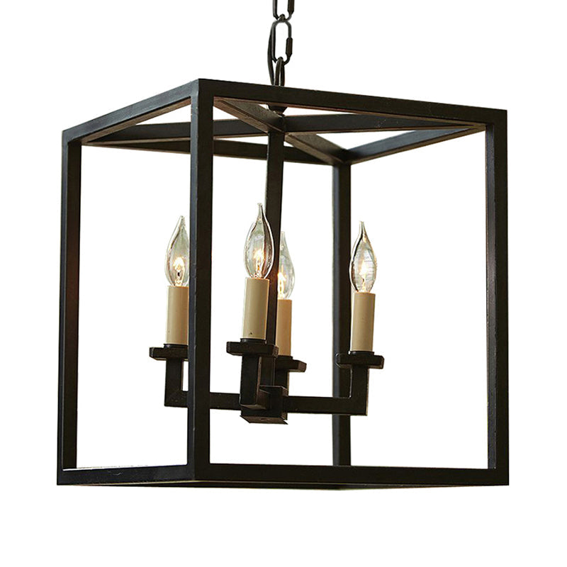 Vintage 4-Light Cubic Chandelier with Cage Shade - Small Black Metal Hanging Lamp for Bathroom Lighting