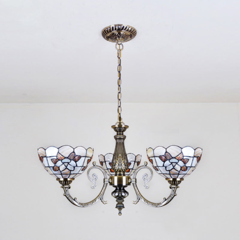 Floral Stained Glass Inverted Chandelier with Chain in Red/Blue for Vintage Bedroom Decor