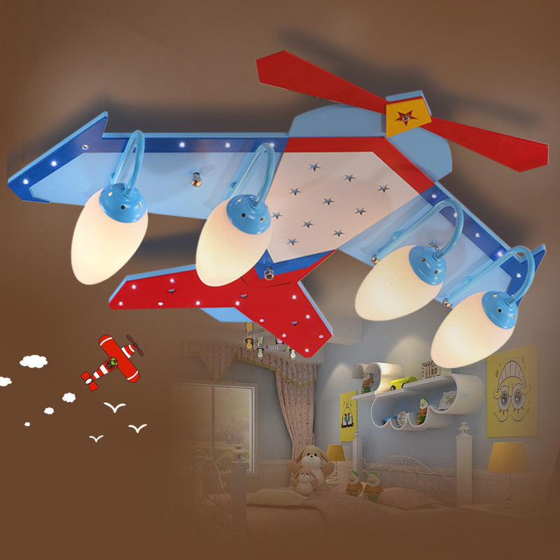 Lámpara de techo empotrada en color azul para niños con pantalla de cristal color crema ovalada, lámpara de techo empotrada en forma de plano de madera con acabado de madera