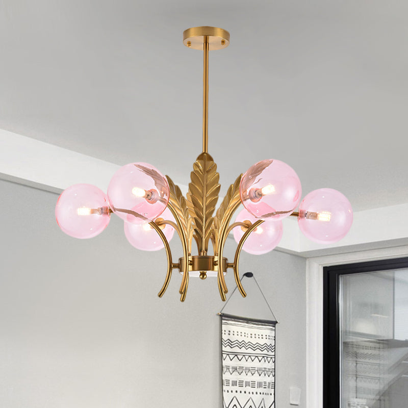 Lampadario a sfera a soffitto Simplicity in vetro bianco/rosa/cognac a 6 luci per soggiorno, lampadario a sospensione a LED con decorazioni a foglie