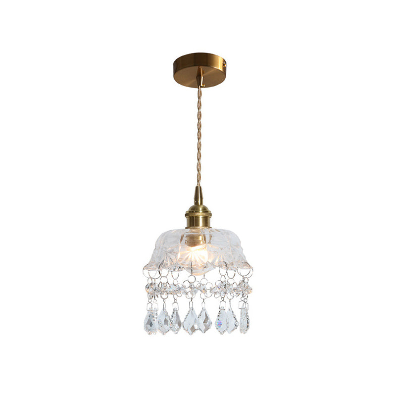 Lampa wisząca z przezroczystego szkła w kształcie kwiatu w stylu vintage z kryształkami w kształcie łezki