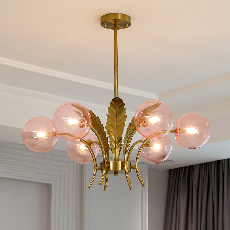 Lampadario a sfera a soffitto Simplicity in vetro bianco/rosa/cognac a 6 luci per soggiorno, lampadario a sospensione a LED con decorazioni a foglie
