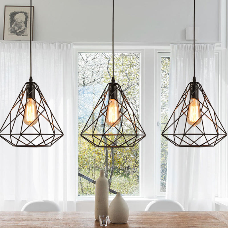Vintage Diamantkäfig-Pendelleuchte aus Metall für das Esszimmer – Schwarz