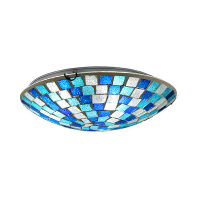 Tiffany Mosaic Glass Ceiling Light - Round Blue Flush Mount (12