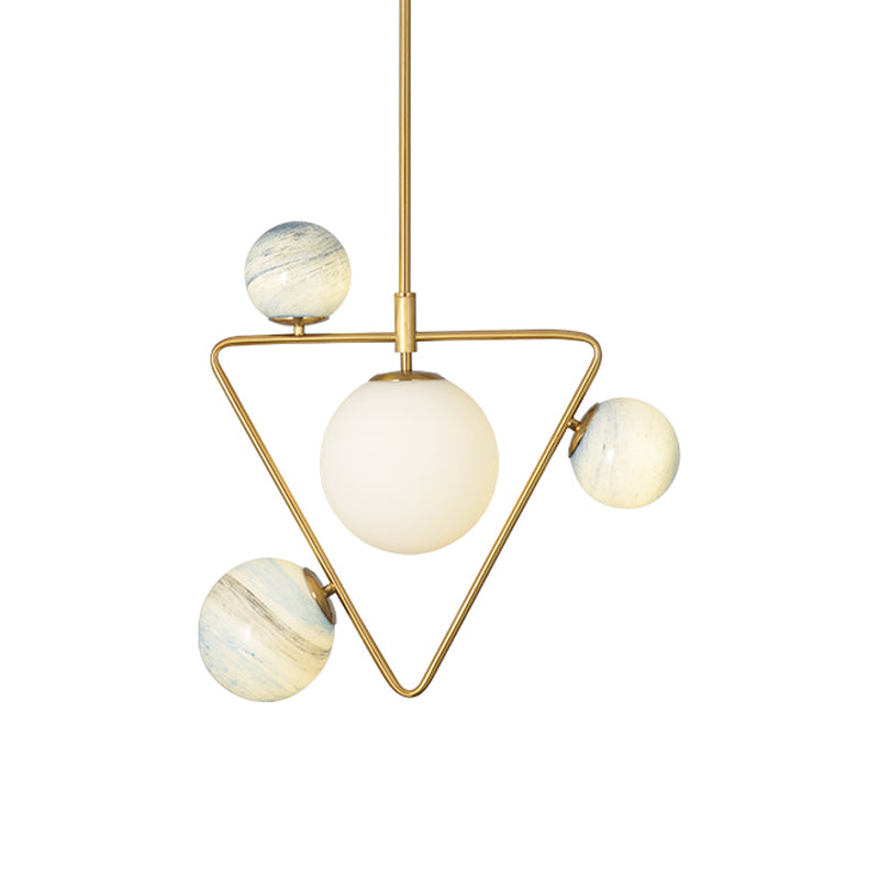 Mid Century Gold Pendant Chandelier with Triangle Iron Frame and Orb Colored Glass Shade