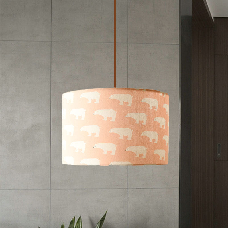 Luminaire suspendu tambour en tissu imprimé nordique – 1 lumière, éclairage à suspension blanc avec motif plume/oiseau/arbre