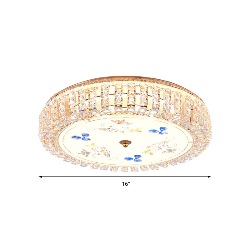 Golden Drum Flushmount Lighting: Modern Crystal and Glass Multi Light Ceiling Lamp (16