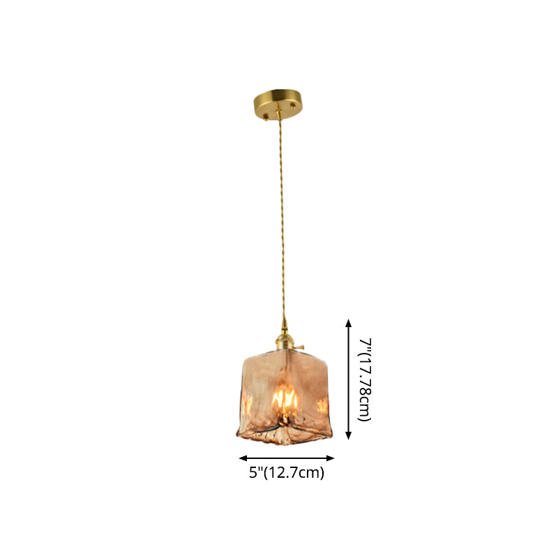 Lámpara de péndulo para sala de estar con 1 bombilla de vidrio color canela hecho a mano vintage con forma de gota sombreada de latón