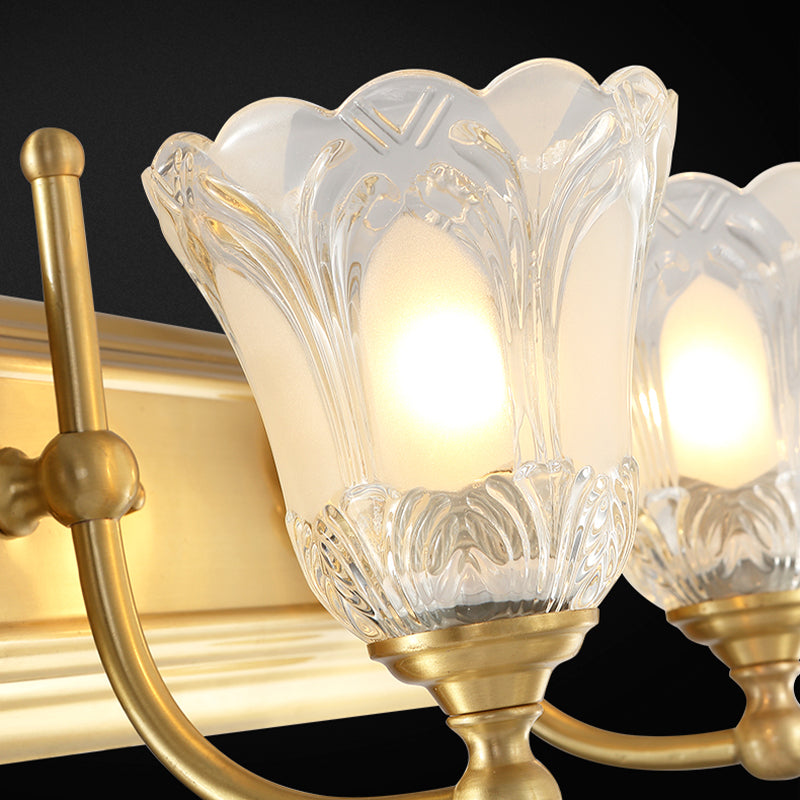 Aplique de tocador estilo vintage con pantalla de vidrio transparente, iluminación de pared dorada para baño - 2/3 opciones de bombilla - 18 pulgadas/24 pulgadas de ancho