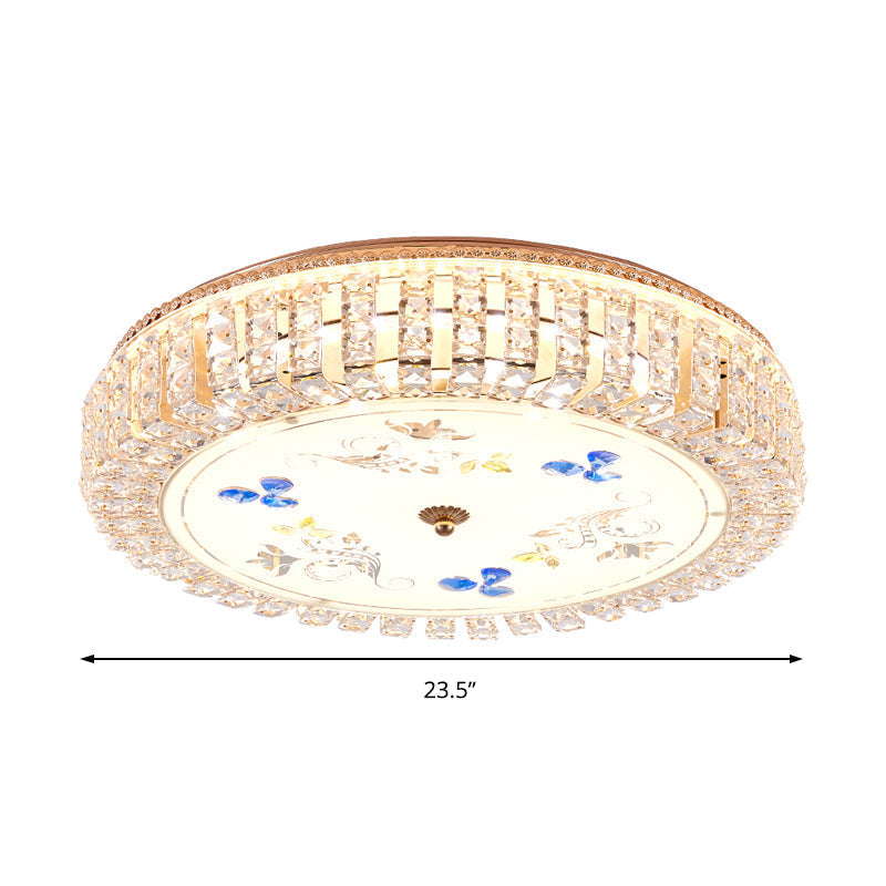 Golden Drum Flushmount Lighting: Modern Crystal and Glass Multi Light Ceiling Lamp (16