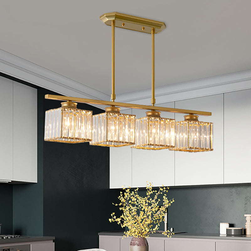 Plafoniera moderna sospesa quadrata a 3/4 luci con cristallo trasparente in nero/oro per sala da pranzo