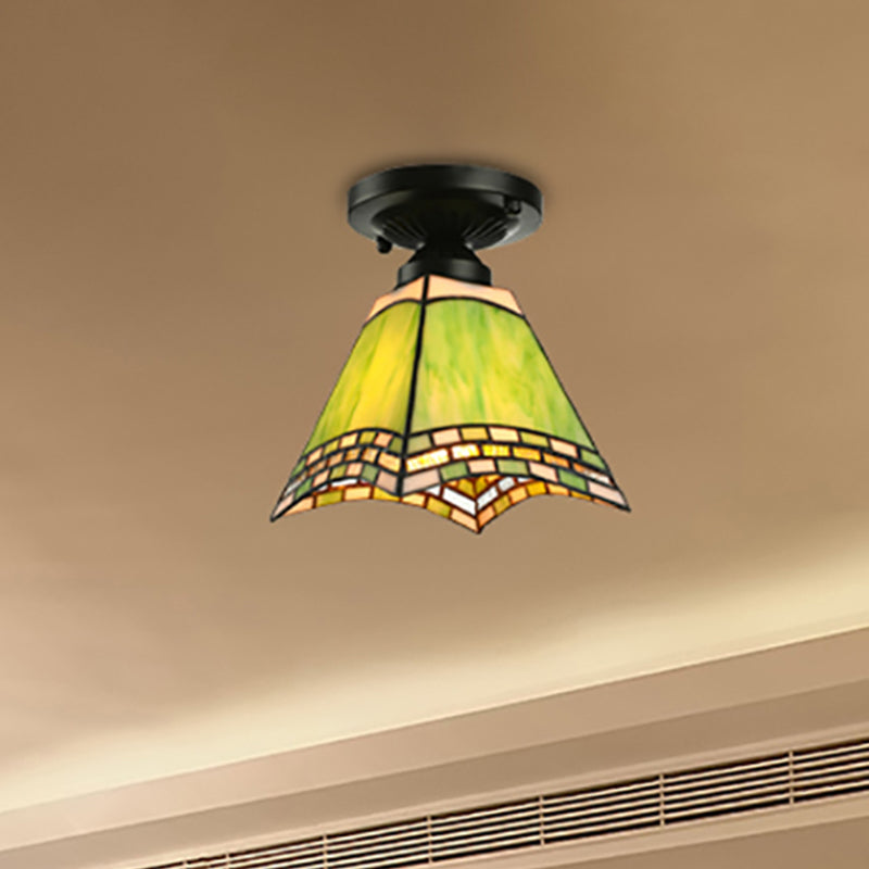 Plafonnier en verre d'art de style Tiffany - Luminaire encastré vert à 1 lumière pour bureaux et couloirs