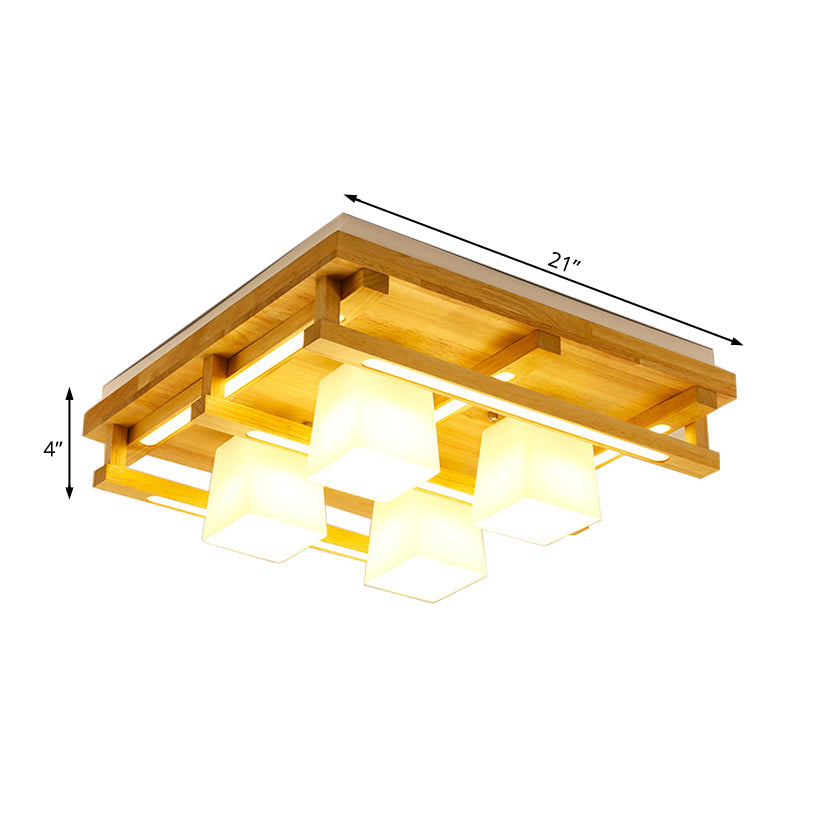 Modernist Wood Square Flush Mount Lighting with 1/4/9 Brown LED Lights and White Glass Cubic Shade in White/Warm Light