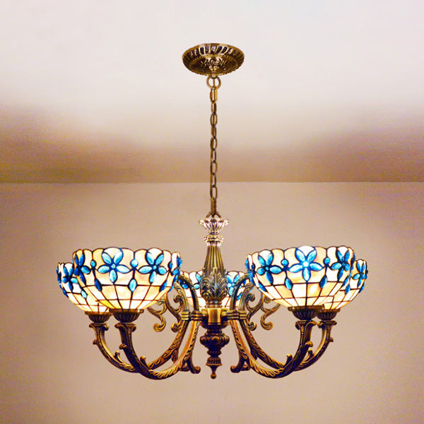 Floral Stained Glass Inverted Chandelier with Chain in Red/Blue for Vintage Bedroom Decor