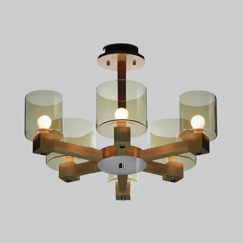 Industrial Wood Cylinder Chandelier with Radial Design - 4/6/8 Lights, Amber Glass Hanging Pendant Lamp