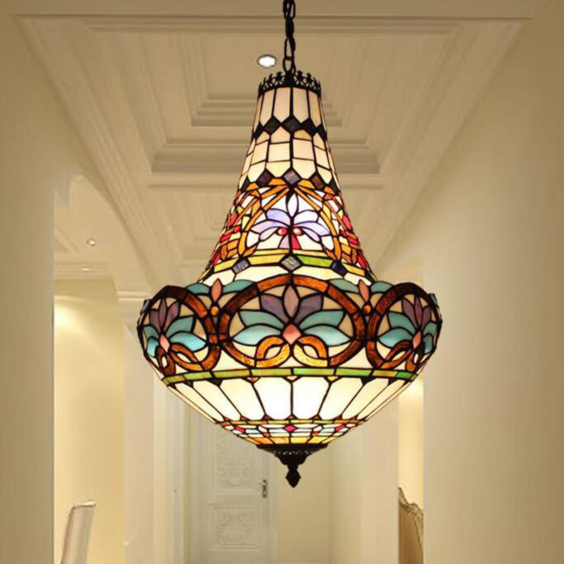 Wide Antique Bronze Flower Chandelier - Tiffany Stained Glass, 3/5 Lights - 12