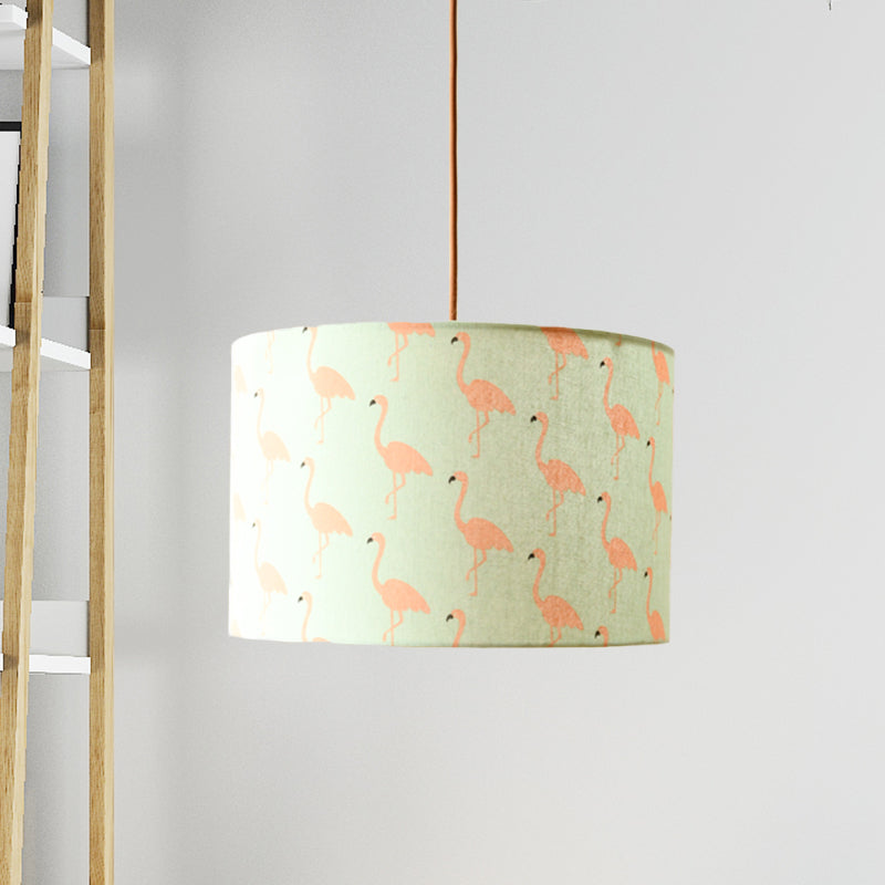 Luminaire suspendu tambour en tissu imprimé nordique – 1 lumière, éclairage à suspension blanc avec motif plume/oiseau/arbre