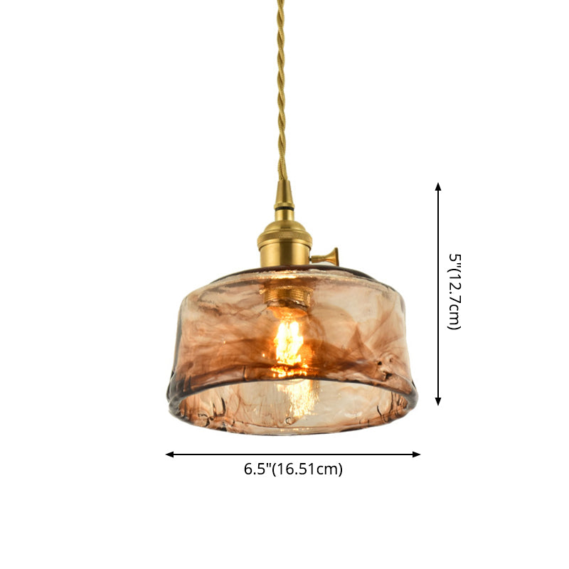 Lámpara de péndulo para sala de estar con 1 bombilla de vidrio color canela hecho a mano vintage con forma de gota sombreada de latón