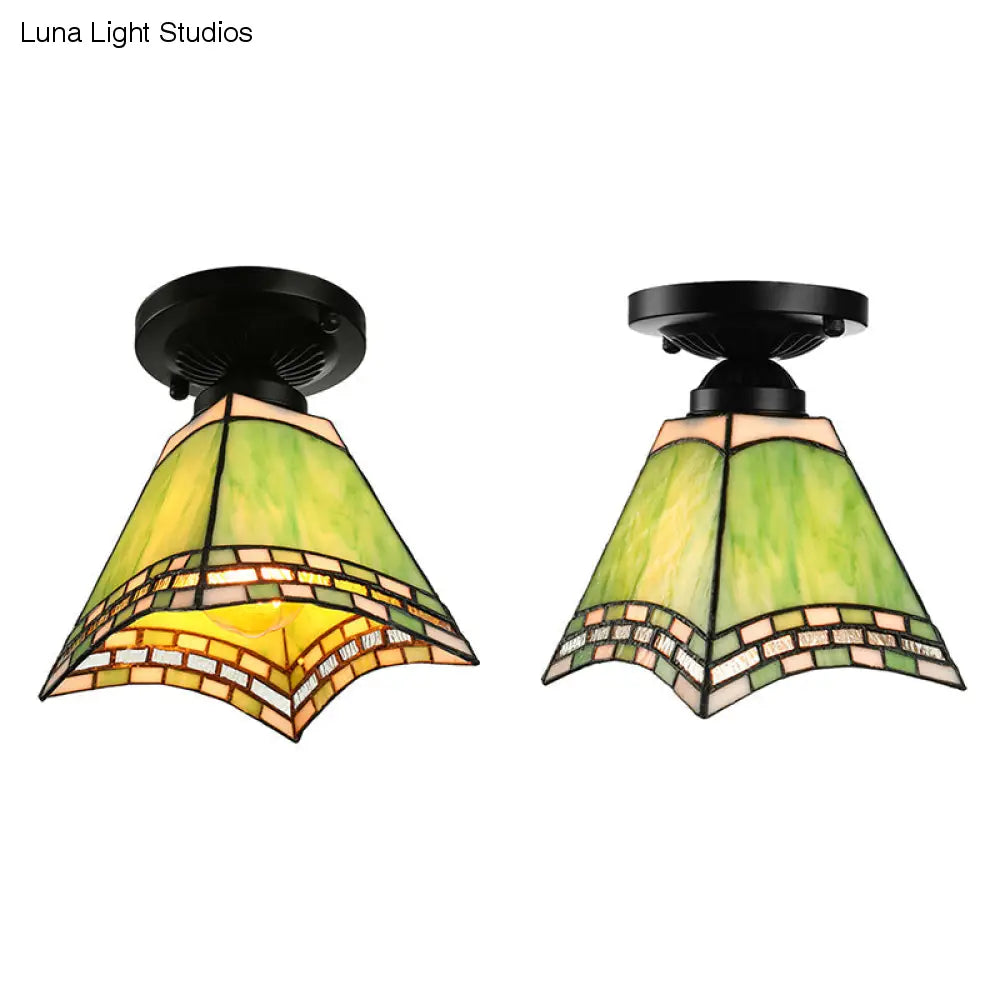 Plafonnier en verre d'art de style Tiffany - Luminaire encastré vert à 1 lumière pour bureaux et couloirs