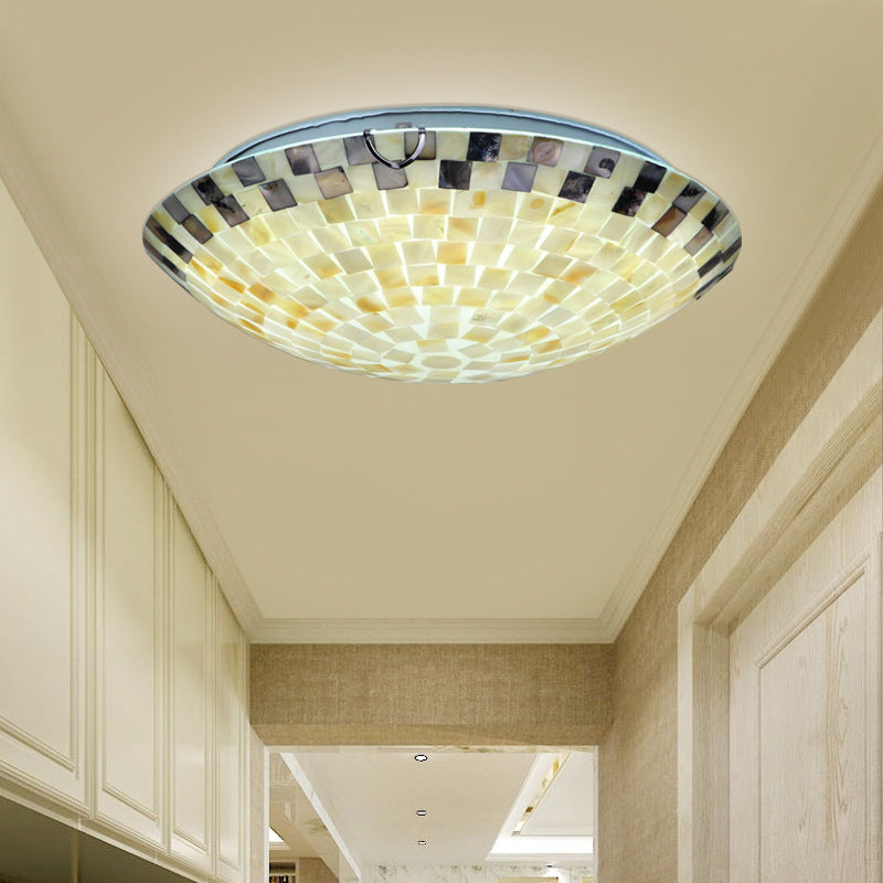 Vintage Mosaic Glass Flush Mount Ceiling Light - Beige Bowl, 1 Bulb, 12