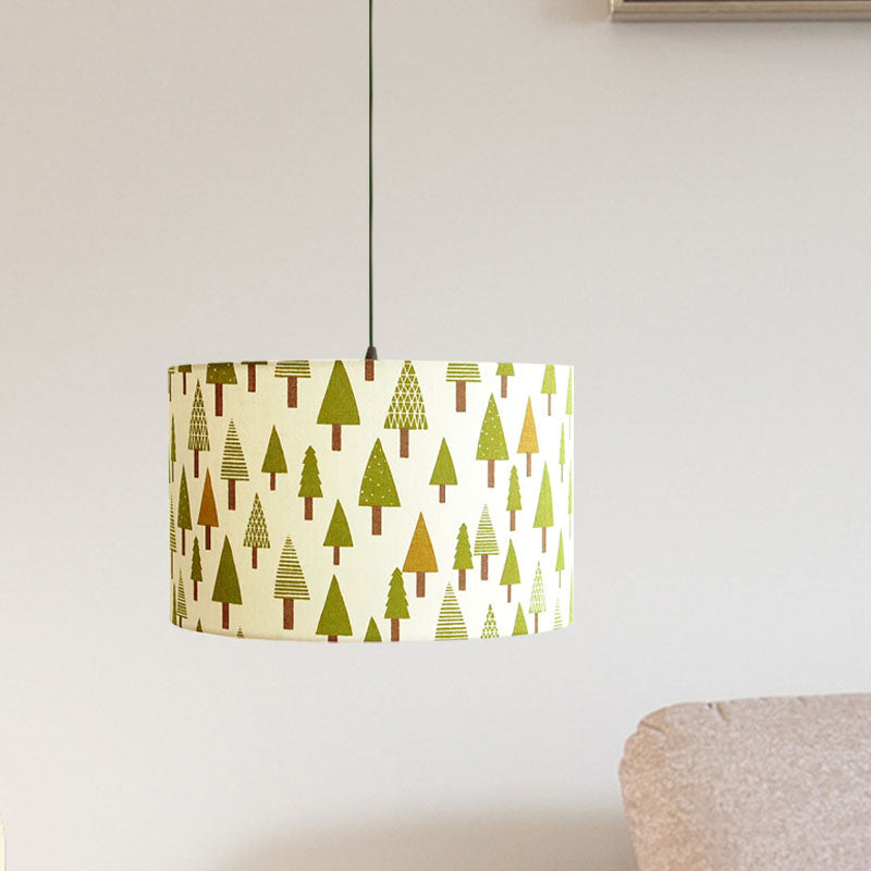 Luminaire suspendu tambour en tissu imprimé nordique – 1 lumière, éclairage à suspension blanc avec motif plume/oiseau/arbre