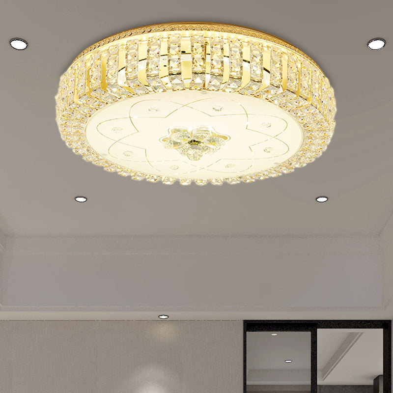 Golden Drum Flushmount Lighting: Modern Crystal and Glass Multi Light Ceiling Lamp (16