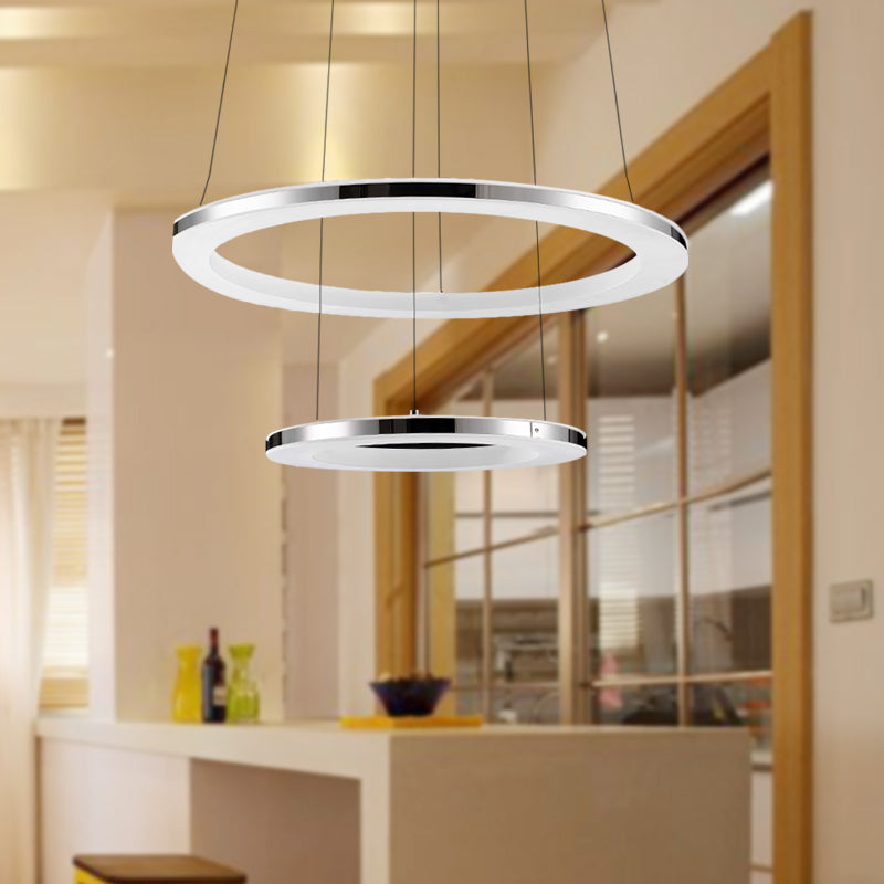 Contemporary LED Acrylic Round Ceiling Pendant Chandelier - 1/2/3-Head Silver - Warm/White Light
