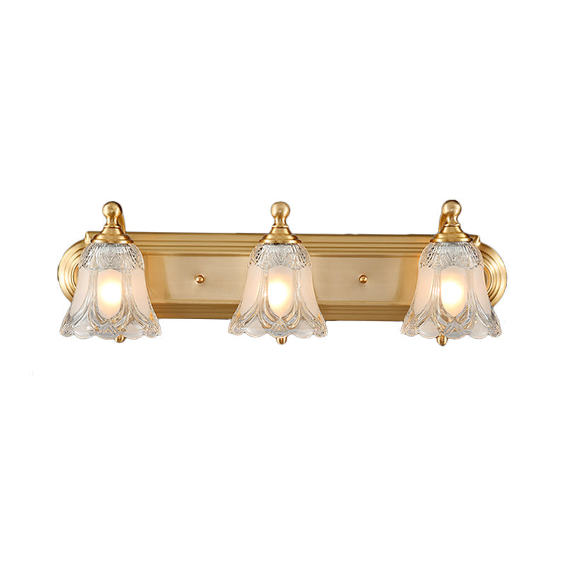 Aplique de tocador estilo vintage con pantalla de vidrio transparente, iluminación de pared dorada para baño - 2/3 opciones de bombilla - 18 pulgadas/24 pulgadas de ancho