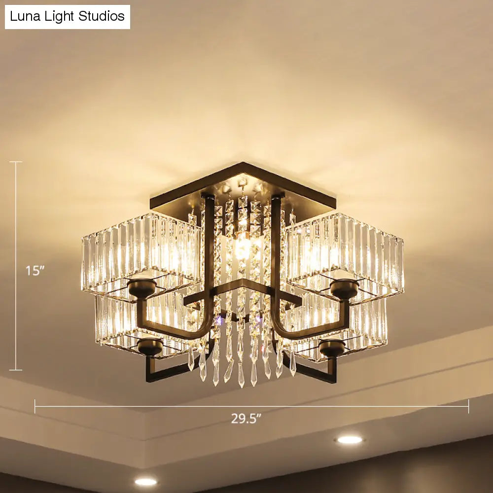 Lámpara de techo semiempotrada negra con cristal prismático para sala de estar - Lámpara de techo rectangular contemporánea