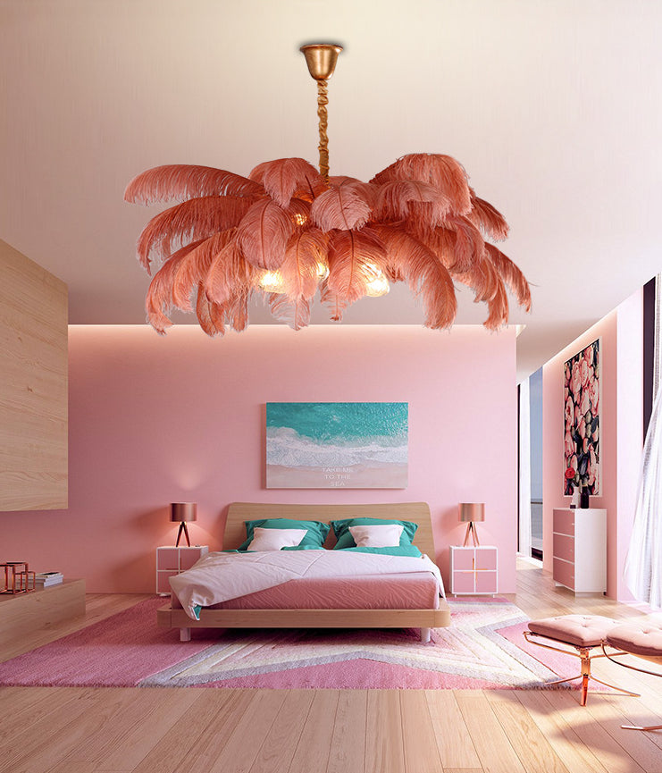 Lampadario da soffitto moderno nordico a 5 luci con piume di struzzo per camera da letto