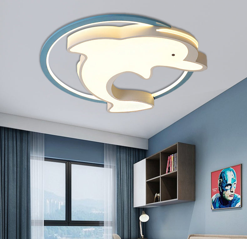 Kids LED Blue Dolphin Ceiling Light Fixture with Warm/White Light, Acrylic Shade, Flush Mount, 18