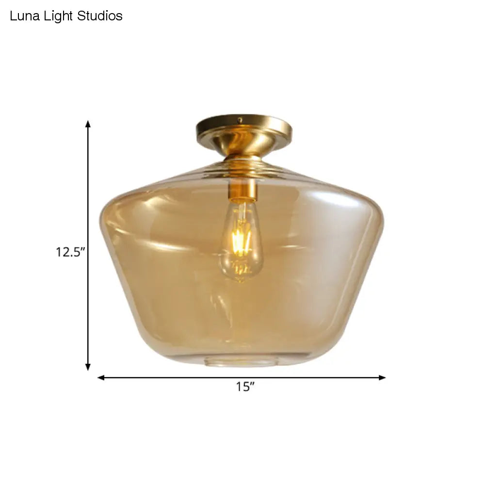 Mid Century Glamour: Mosiężna lampa sufitowa do montażu podtynkowego w kształcie diamentu ze szkła koniakowego – pojedyncza o szerokości 9