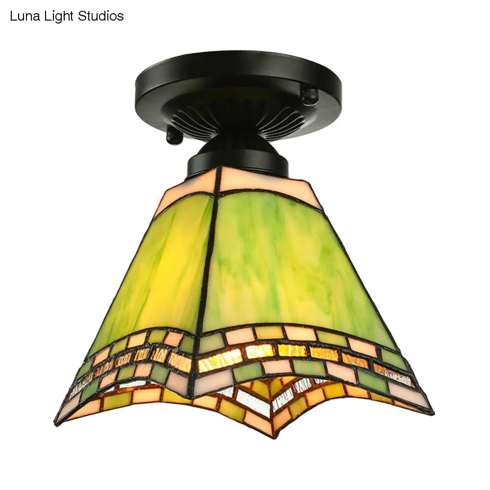 Plafonnier en verre d'art de style Tiffany - Luminaire encastré vert à 1 lumière pour bureaux et couloirs