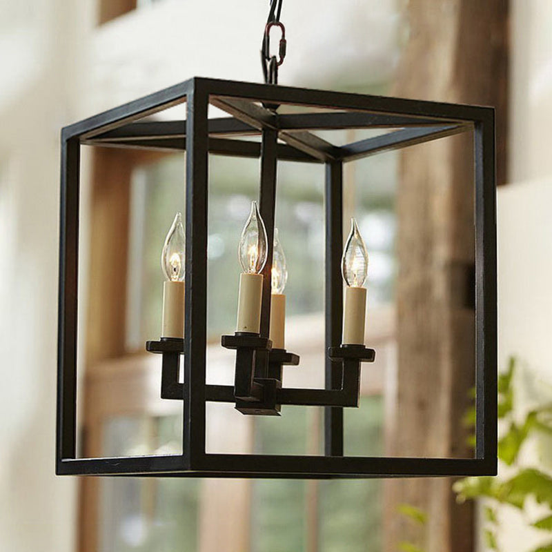 Vintage 4-Light Cubic Chandelier with Cage Shade - Small Black Metal Hanging Lamp for Bathroom Lighting