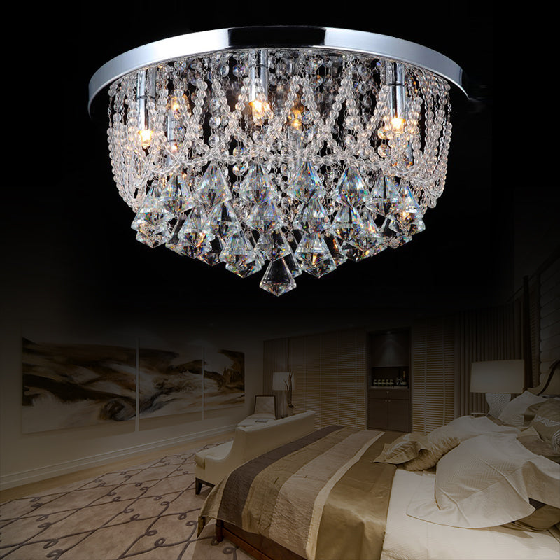 Modern Crystal Strand Ceiling Lamp - Dome Flush 3 Lights, 14