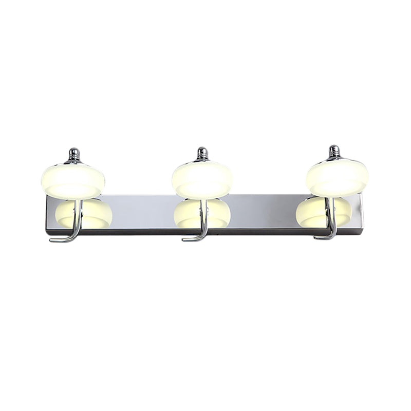 Lámpara de pared plateada de estilo modernista con pantalla acrílica esmerilada redonda, 2/3 cabezales, iluminación blanca/cálida - Luz de tocador de baño
