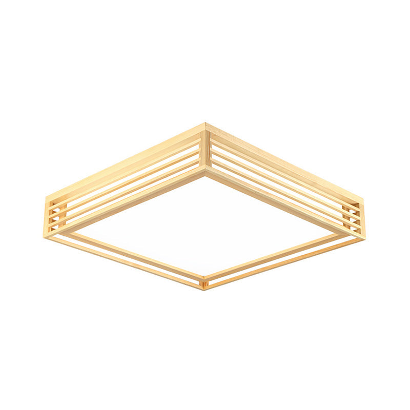 Square Acrylic Flush Ceiling Light - Asian Beige LED Fixture in Warm/White Light with Wood Frame, 14