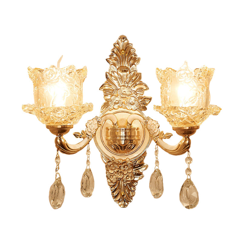 Illuminazione per applique ad angolo con fiore in cristallo trasparente di metà secolo - Lampada da parete dorata