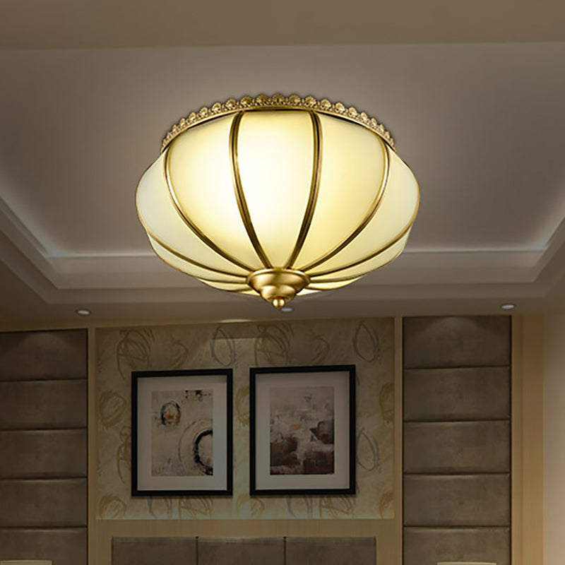 Retro White Glass Sphere Flush Mount Ceiling Light Fixture - 3 Brass Heads, Ideal for Bedroom - 14