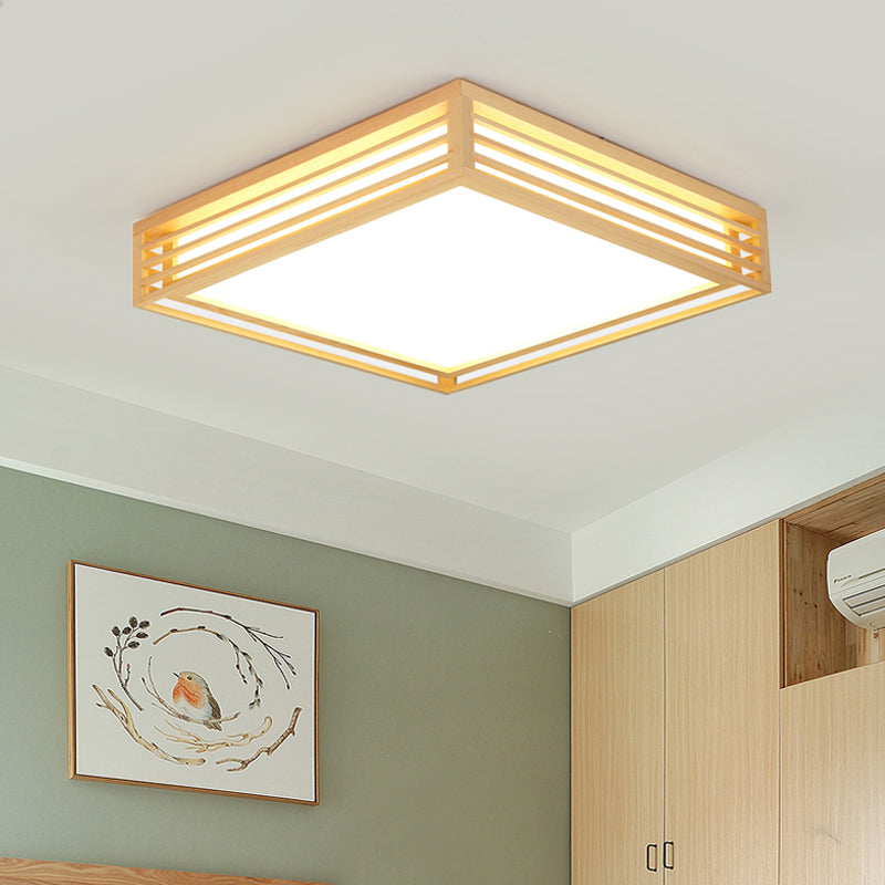 Square Acrylic Flush Ceiling Light - Asian Beige LED Fixture in Warm/White Light with Wood Frame, 14