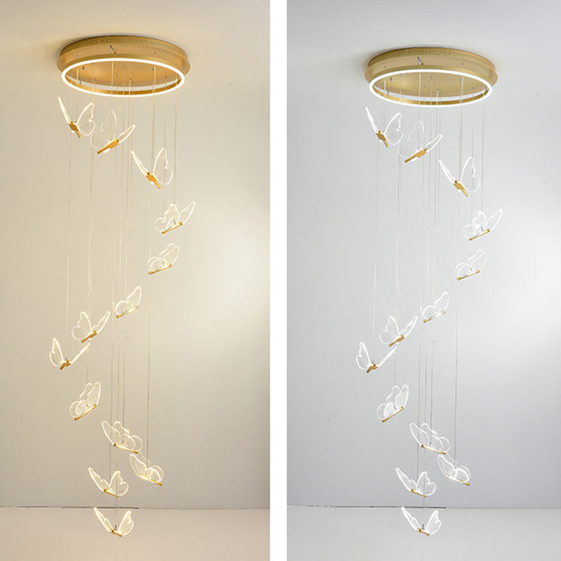 Schmetterlings-Wendeltreppen-Deckenbeleuchtung, Acryl, moderne LED-Mehrlicht-Pendelleuchte in Gold