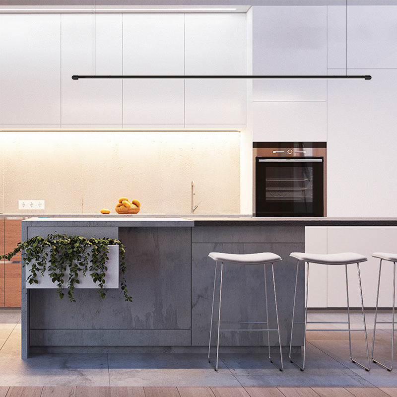 Schlanke LED-Hängelampe für Küchen-Barinsel – minimalistisches dünnes Stabdesign, Metallkonstruktion, schwarze Oberfläche