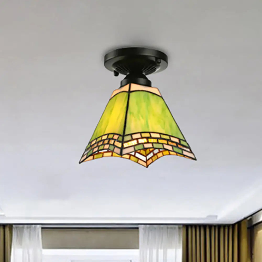Plafonnier en verre d'art de style Tiffany - Luminaire encastré vert à 1 lumière pour bureaux et couloirs