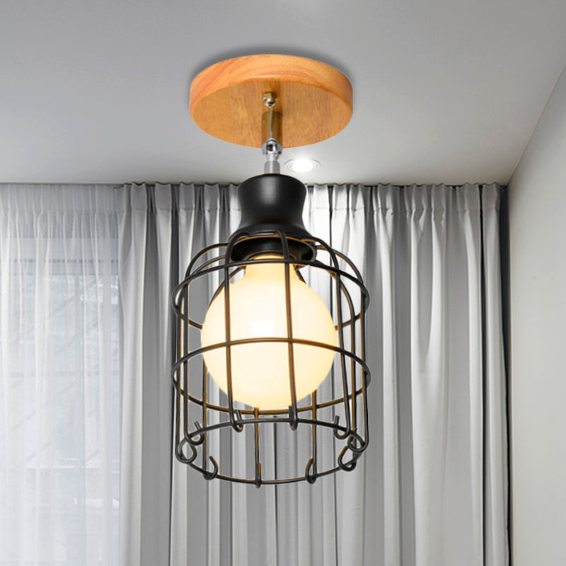 Industrial Loft Ceiling Fixture with Wire Cage and Rotatable Bulb - Black Metallic Semi-Flush Mount for 4