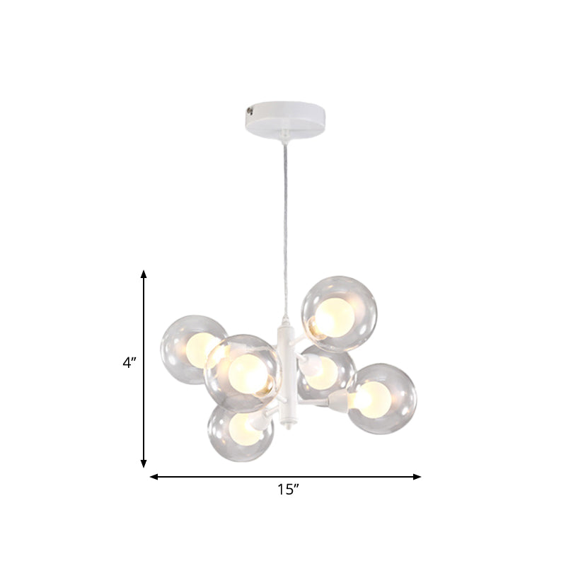 Globe Dining Room Chandelier - Modern LED Hanging Ceiling Light in White - 3/6/9 Clear Glass Lights