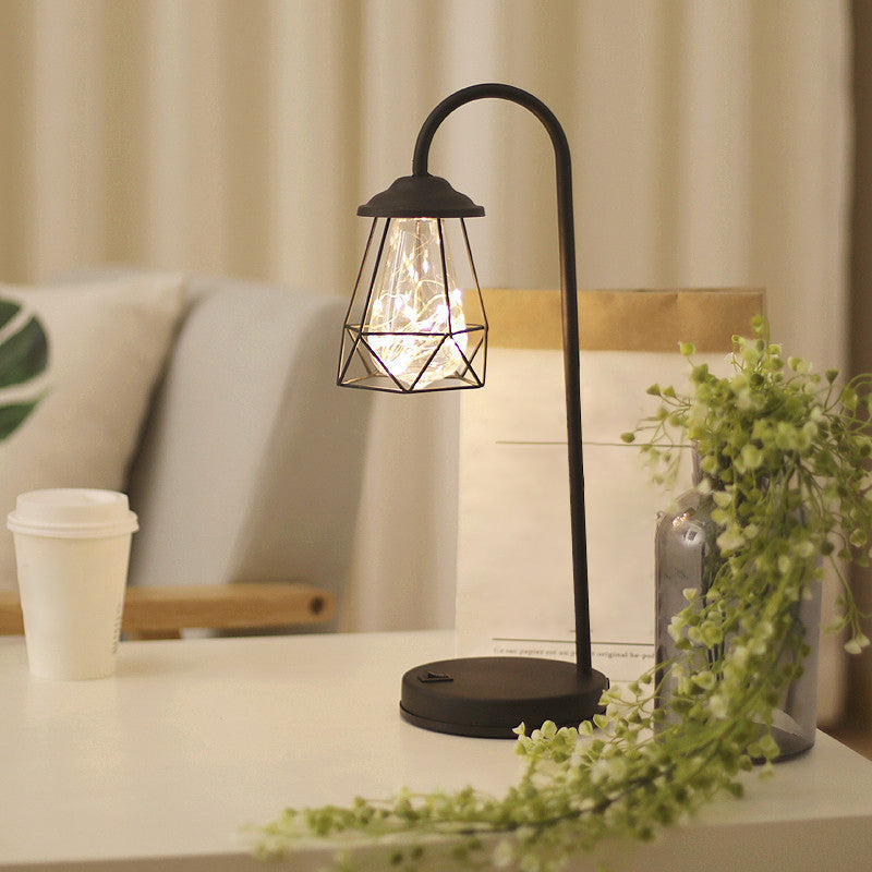 Zwart metalen LED-zwanenhals-tafellamp met draadkooi in retrostijl