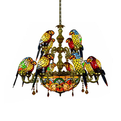 Lampa wisząca Parrot z 12 ramionami, rustykalny żyrandol witrażowy z misą środkową w kolorze żółtym